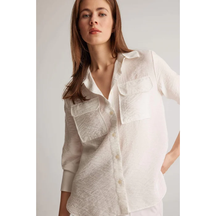 Defacto E5925 Ekru Regular Fit Basic Düz Çift Cepli Uzun Kollu Gömlek