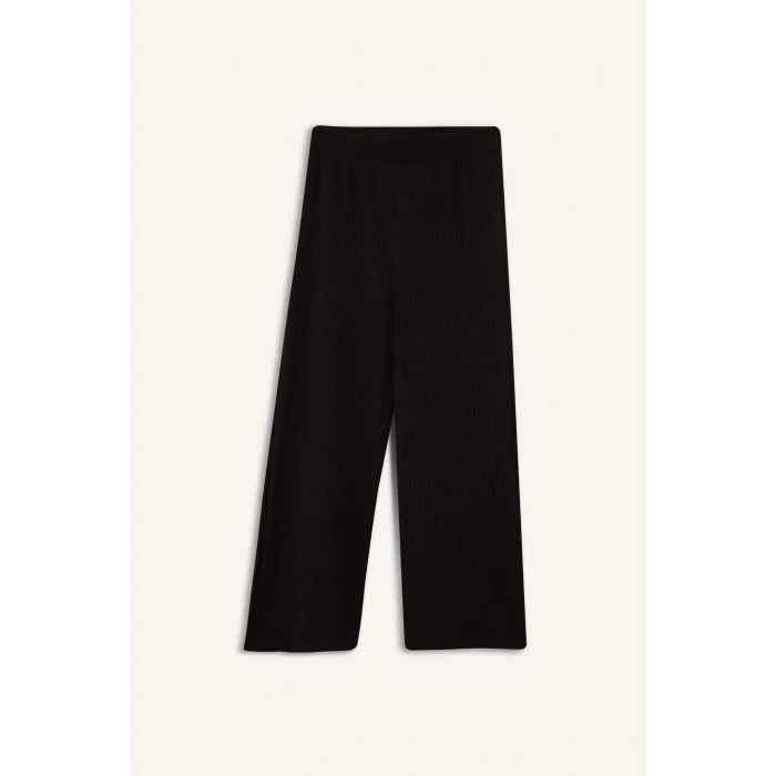 Defacto E0415 Siyah Kız Çocuk 2li Takım Fitilli Kaşkorse Baskılı Kısa kollu Tişört Wide Leg Geniş Bol Paça Pantolon