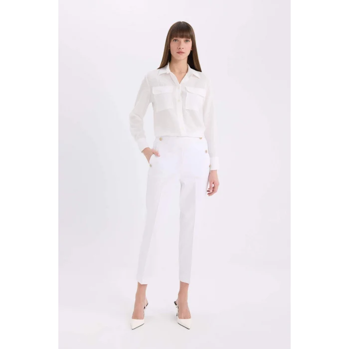 Defacto E5925 Ekru Regular Fit Basic Düz Çift Cepli Uzun Kollu Gömlek