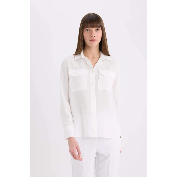 Defacto E5925 Ekru Regular Fit Basic Düz Çift Cepli Uzun Kollu Gömlek
