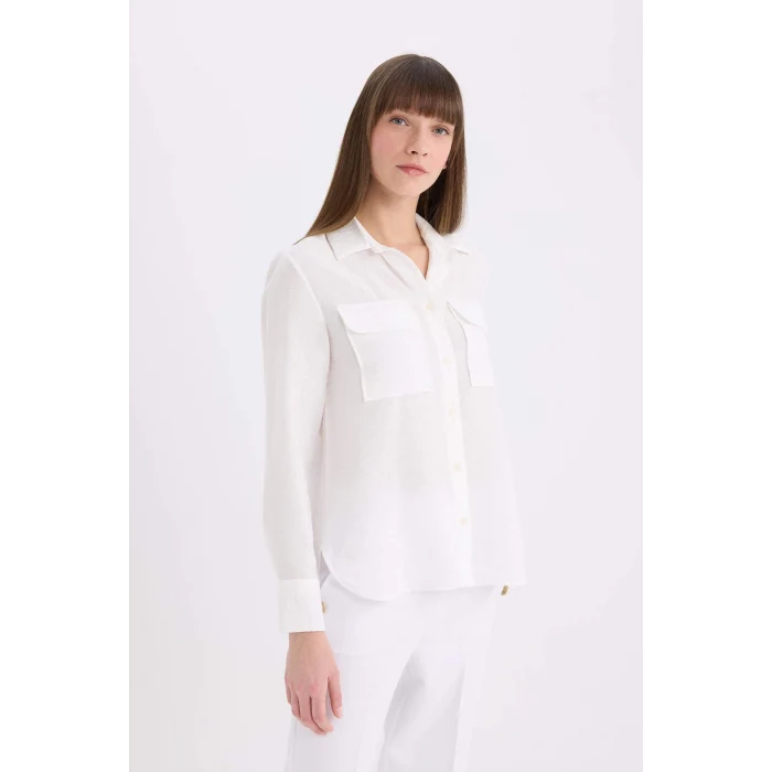 Defacto E5925 Ekru Regular Fit Basic Düz Çift Cepli Uzun Kollu Gömlek