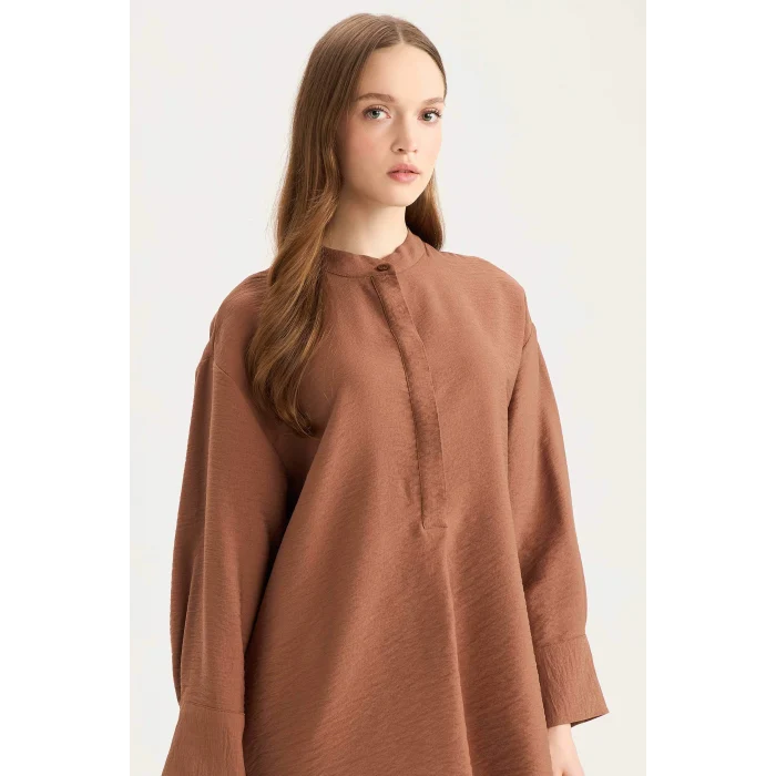 Defacto E1757 Kahve Relax Fit Hakim Yaka Basic Düz Uzun Kollu Gömlek Tunik