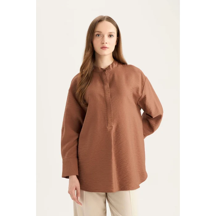 Defacto E1757 Kahve Relax Fit Hakim Yaka Basic Düz Uzun Kollu Gömlek Tunik