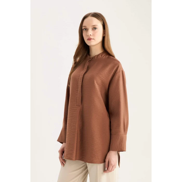Defacto E1757 Kahve Relax Fit Hakim Yaka Basic Düz Uzun Kollu Gömlek Tunik