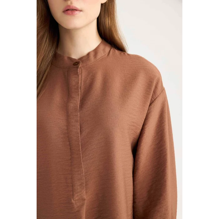 Defacto E1757 Kahve Relax Fit Hakim Yaka Basic Düz Uzun Kollu Gömlek Tunik