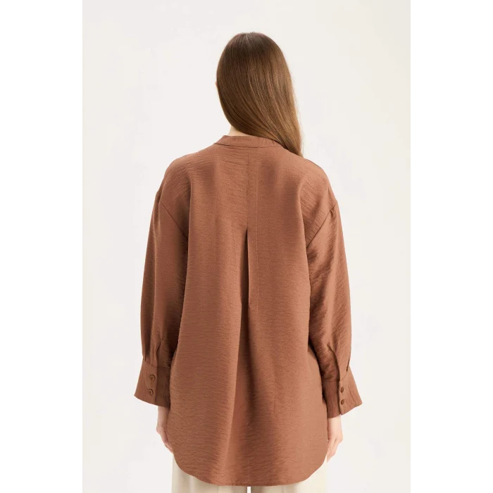 Defacto E1757 Kahve Relax Fit Hakim Yaka Basic Düz Uzun Kollu Gömlek Tunik