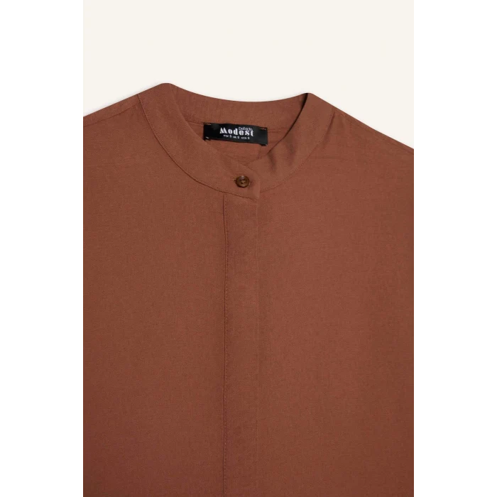 Defacto E1757 Kahve Relax Fit Hakim Yaka Basic Düz Uzun Kollu Gömlek Tunik