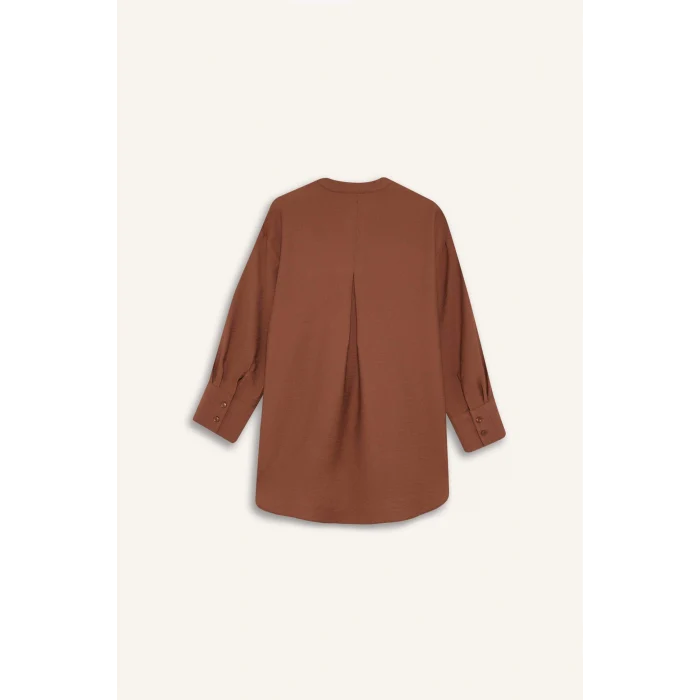 Defacto E1757 Kahve Relax Fit Hakim Yaka Basic Düz Uzun Kollu Gömlek Tunik