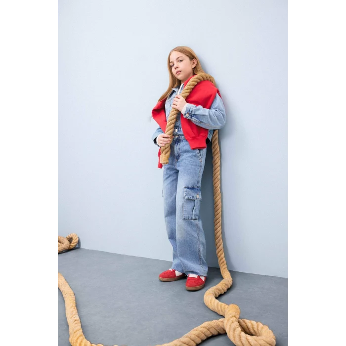 Defacto D7089 Mavi Kız Çocuk Wide Leg Kargo Geniş Bol Paça Pamuklu Jean Pantolon