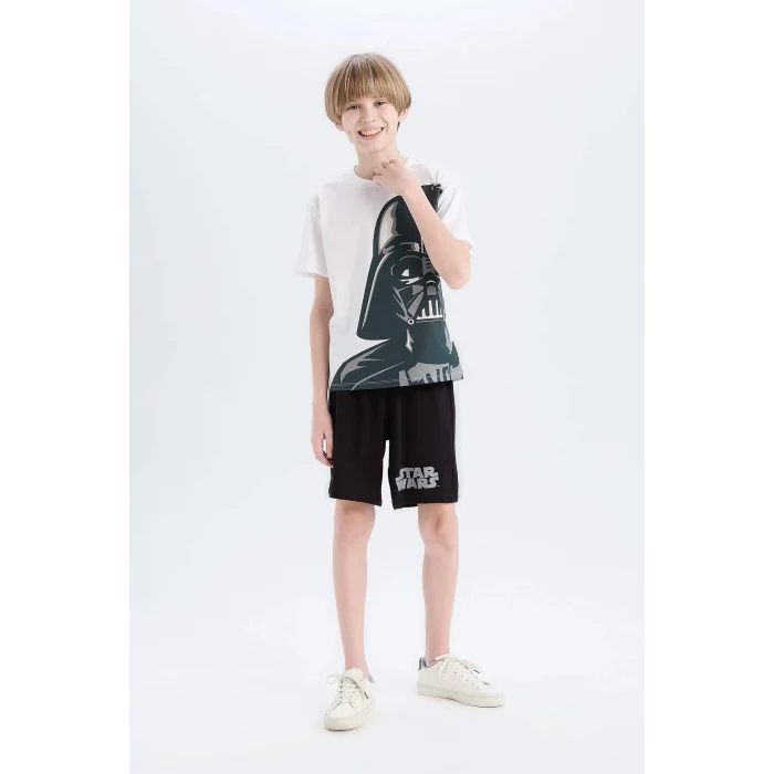 Defacto E0336 Beyaz Erkek Çocuk Star Wars Pijama Takımı Bisiklet Yaka Kısa Kollu Üst Beli Lastikli Şort