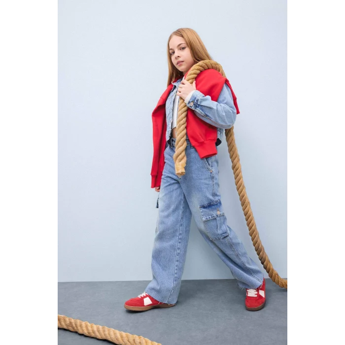 Defacto D7089 Mavi Kız Çocuk Wide Leg Kargo Geniş Bol Paça Pamuklu Jean Pantolon