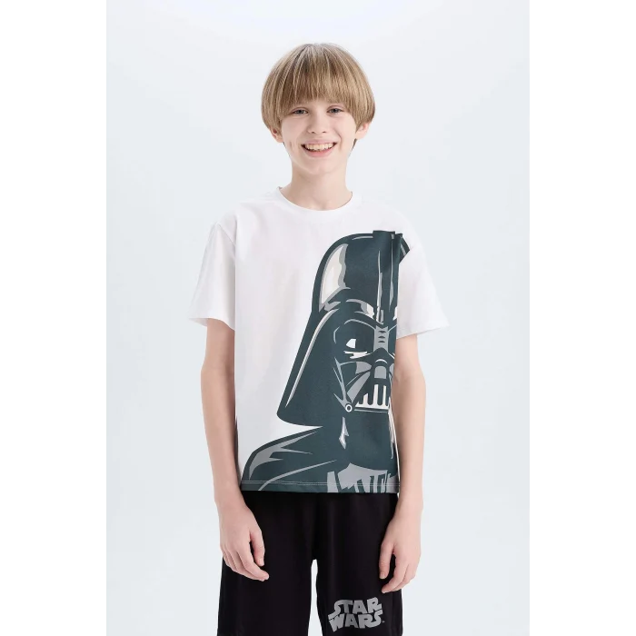 Defacto E0336 Beyaz Erkek Çocuk Star Wars Pijama Takımı Bisiklet Yaka Kısa Kollu Üst Beli Lastikli Şort