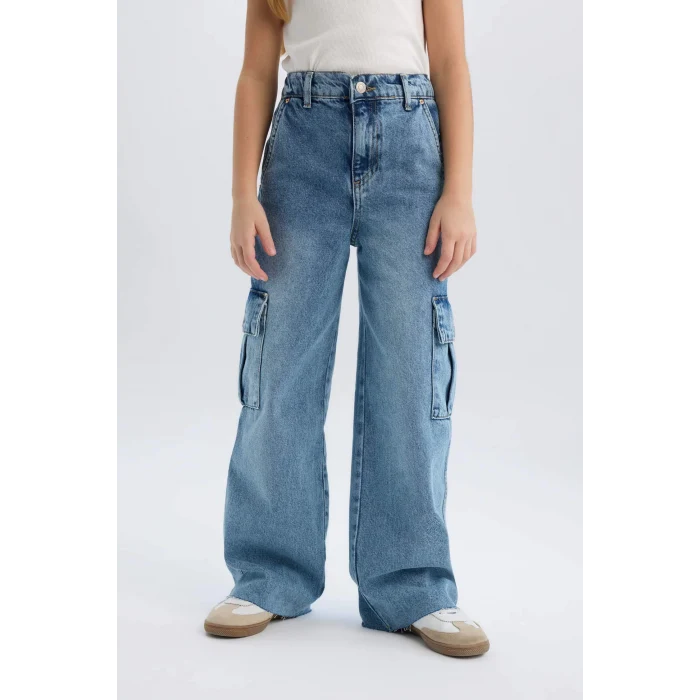 Defacto D7089 Mavi Kız Çocuk Wide Leg Kargo Geniş Bol Paça Pamuklu Jean Pantolon