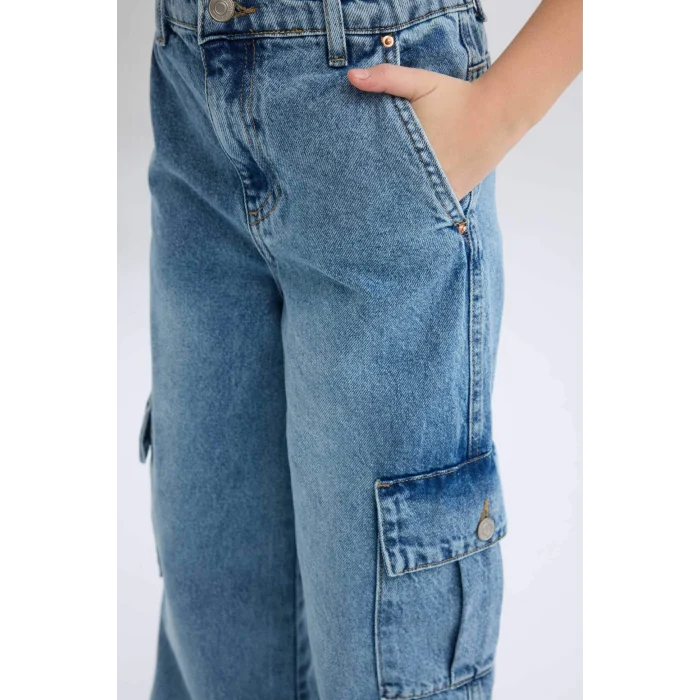 Defacto D7089 Mavi Kız Çocuk Wide Leg Kargo Geniş Bol Paça Pamuklu Jean Pantolon