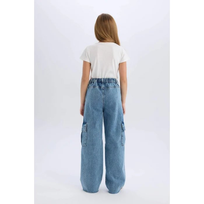 Defacto D7089 Mavi Kız Çocuk Wide Leg Kargo Geniş Bol Paça Pamuklu Jean Pantolon