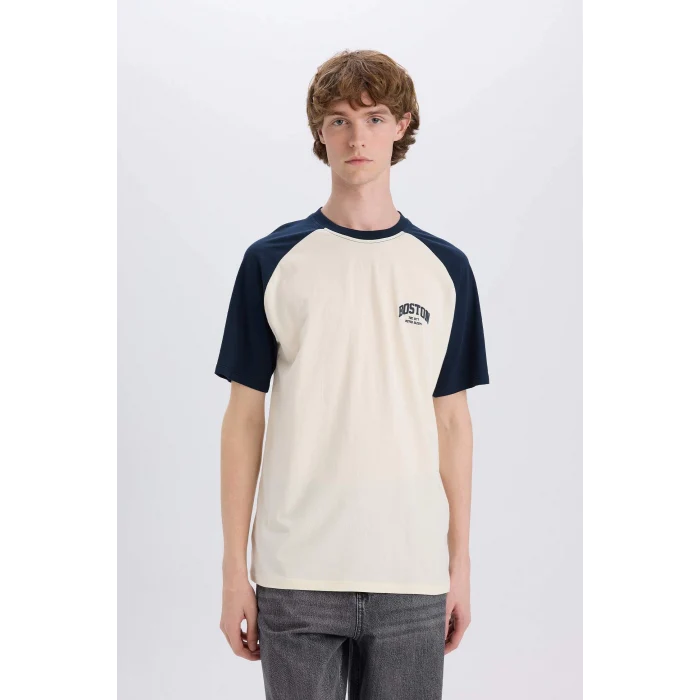 Defacto D5569 Lacivert Boxy Fit Bisiklet Yaka Baskılı Kısa Kollu Tişört