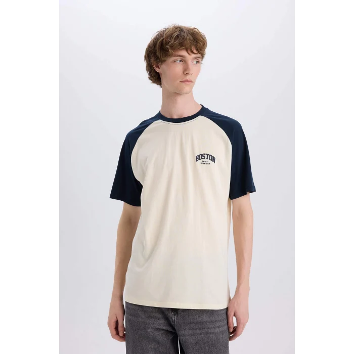 Defacto D5569 Lacivert Boxy Fit Bisiklet Yaka Baskılı Kısa Kollu Tişört