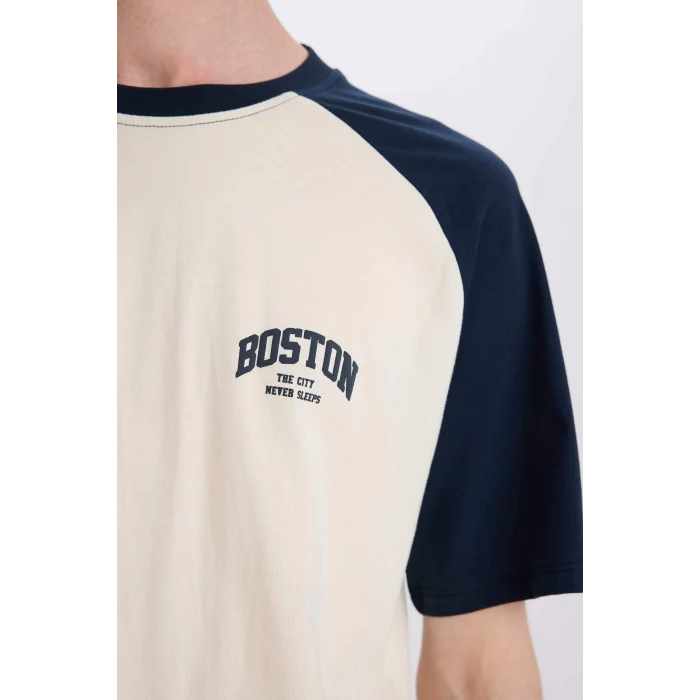 Defacto D5569 Lacivert Boxy Fit Bisiklet Yaka Baskılı Kısa Kollu Tişört