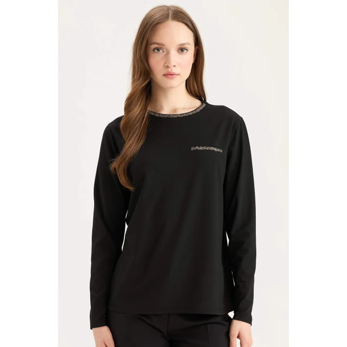 Defacto D8081 Siyah Regular Fit Bisiklet Yaka Taşlı Uzun Kollu Tişört