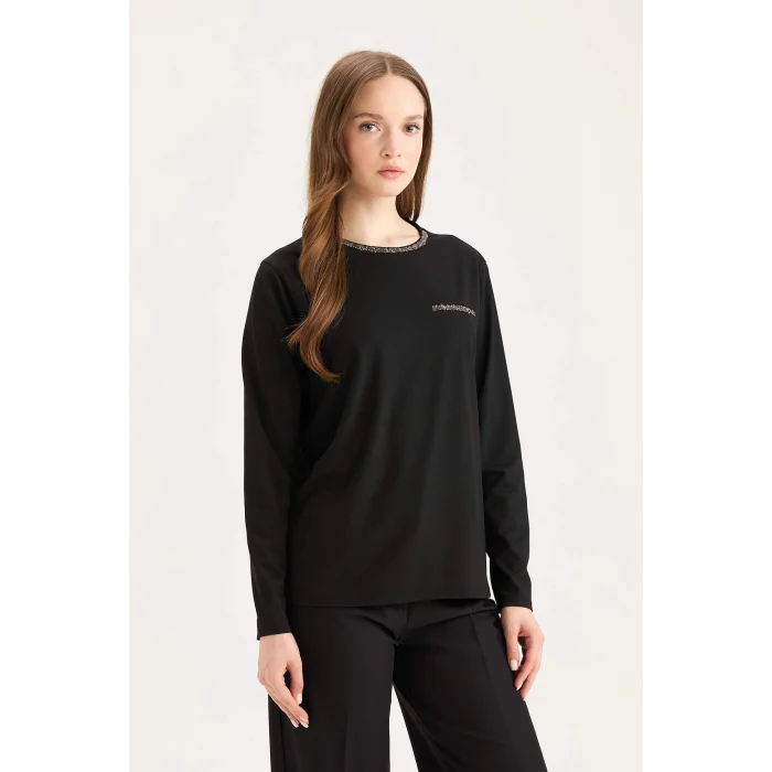 Defacto D8081 Siyah Regular Fit Bisiklet Yaka Taşlı Uzun Kollu Tişört