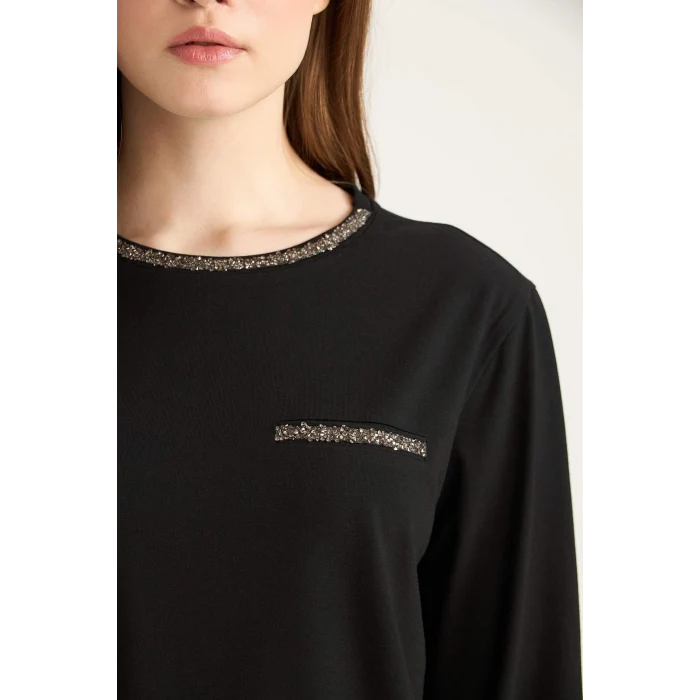 Defacto D8081 Siyah Regular Fit Bisiklet Yaka Taşlı Uzun Kollu Tişört