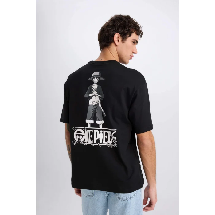 Defacto D5459 Siyah One Piece Boxy Fit Bisiklet Yaka Baskılı Kısa Kollu Tişört