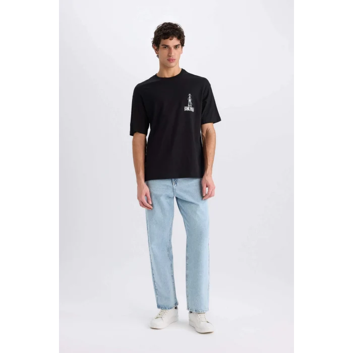 Defacto D5459 Siyah One Piece Boxy Fit Bisiklet Yaka Baskılı Kısa Kollu Tişört