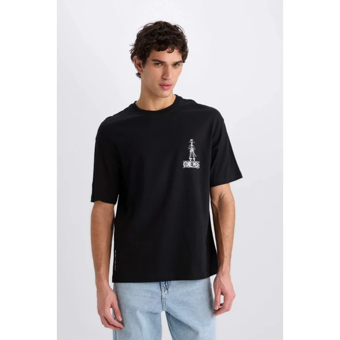 Defacto D5459 Siyah One Piece Boxy Fit Bisiklet Yaka Baskılı Kısa Kollu Tişört