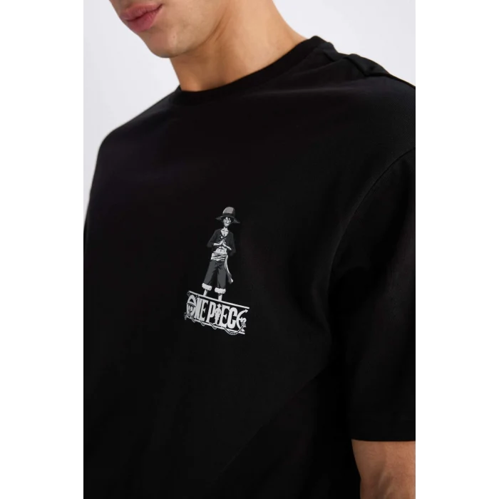 Defacto D5459 Siyah One Piece Boxy Fit Bisiklet Yaka Baskılı Kısa Kollu Tişört