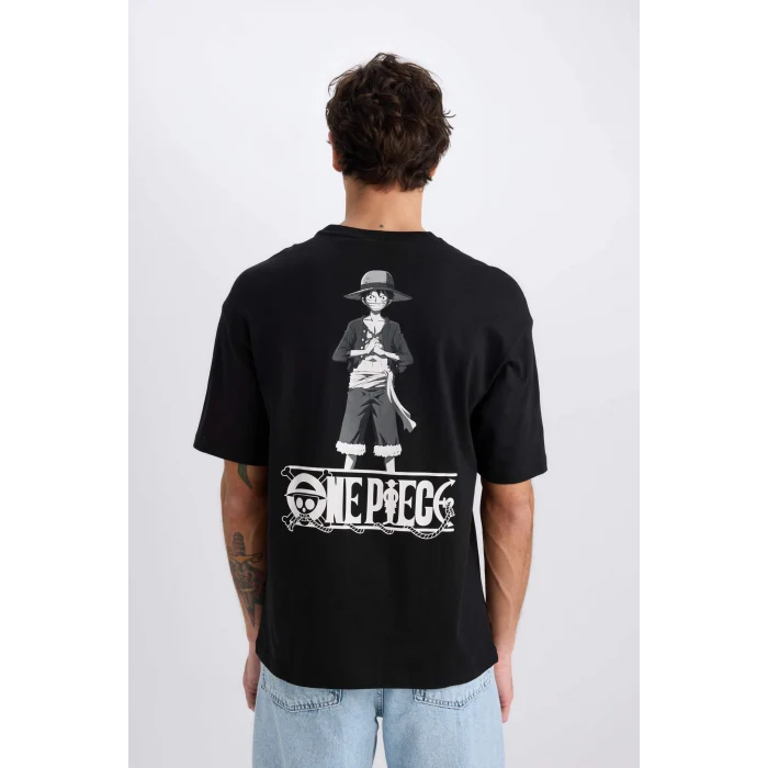 Defacto D5459 Siyah One Piece Boxy Fit Bisiklet Yaka Baskılı Kısa Kollu Tişört