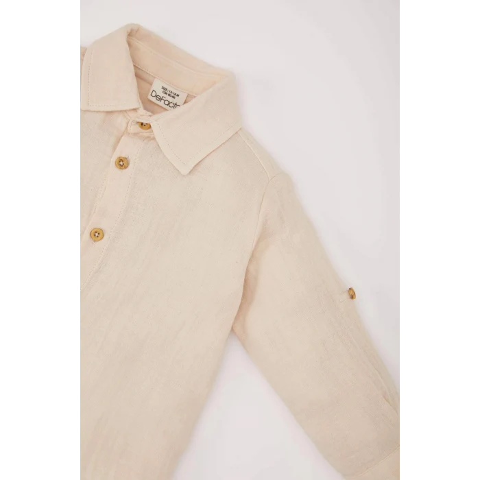 Defacto E2013 Bej Erkek Bebek 2li Takım Müslin Uzun Kollu Gömlek Beli Lastikli Alt