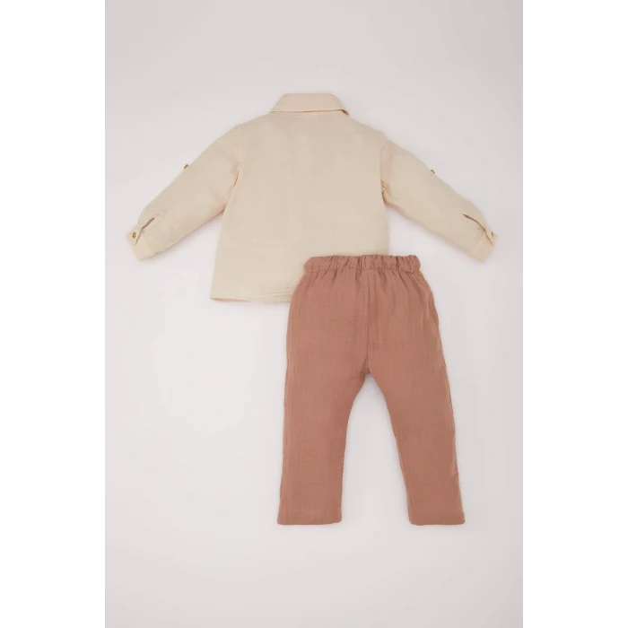 Defacto E2013 Bej Erkek Bebek 2li Takım Müslin Uzun Kollu Gömlek Beli Lastikli Alt