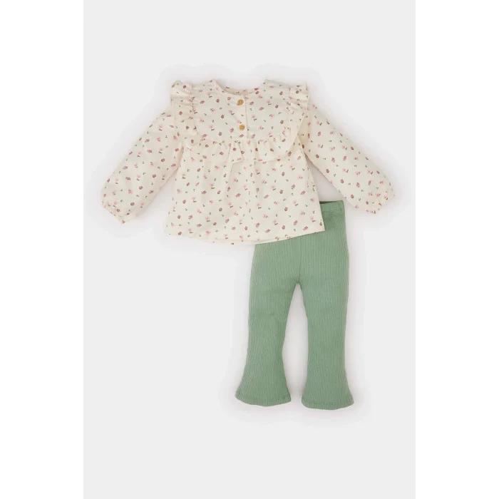Defacto E2963 Haki Kız Bebek 2li Takım Çiçekli Fırfırlı Uzun Kollu Bluz İspanyol Paça Tayt