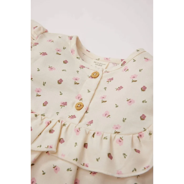 Defacto E2963 Haki Kız Bebek 2li Takım Çiçekli Fırfırlı Uzun Kollu Bluz İspanyol Paça Tayt