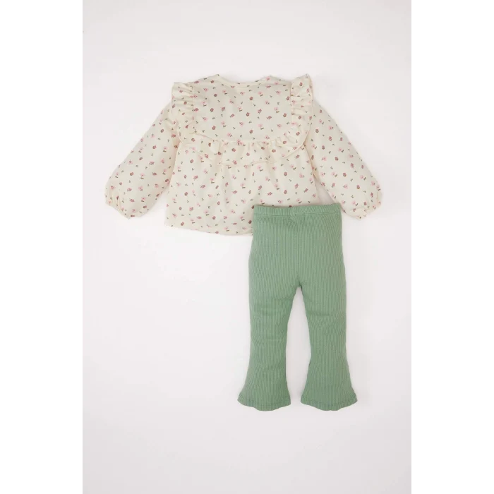 Defacto E2963 Haki Kız Bebek 2li Takım Çiçekli Fırfırlı Uzun Kollu Bluz İspanyol Paça Tayt