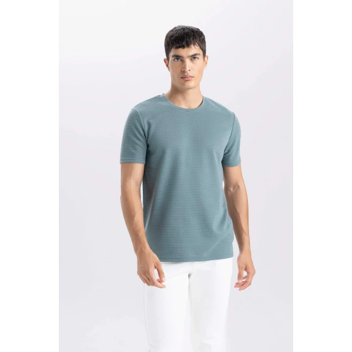Defacto M6608 Yeşil Slim Fit Dar Kesim Bisiklet Yaka Basic Düz Kısa Kollu Tişört
