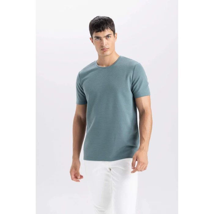 Defacto M6608 Yeşil Slim Fit Dar Kesim Bisiklet Yaka Basic Düz Kısa Kollu Tişört