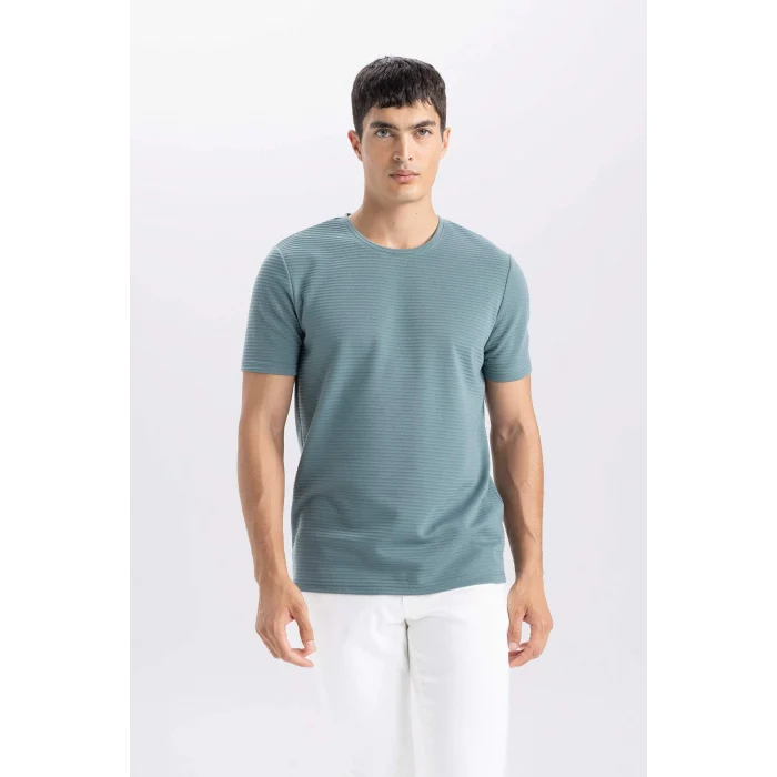 Defacto M6608 Yeşil Slim Fit Dar Kesim Bisiklet Yaka Basic Düz Kısa Kollu Tişört