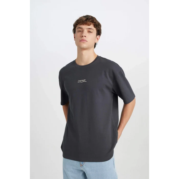 Defacto D5494 Antrasit Boxy Fit Bisiklet Yaka Baskılı Kısa Kollu Ağır Kumaş Tişört