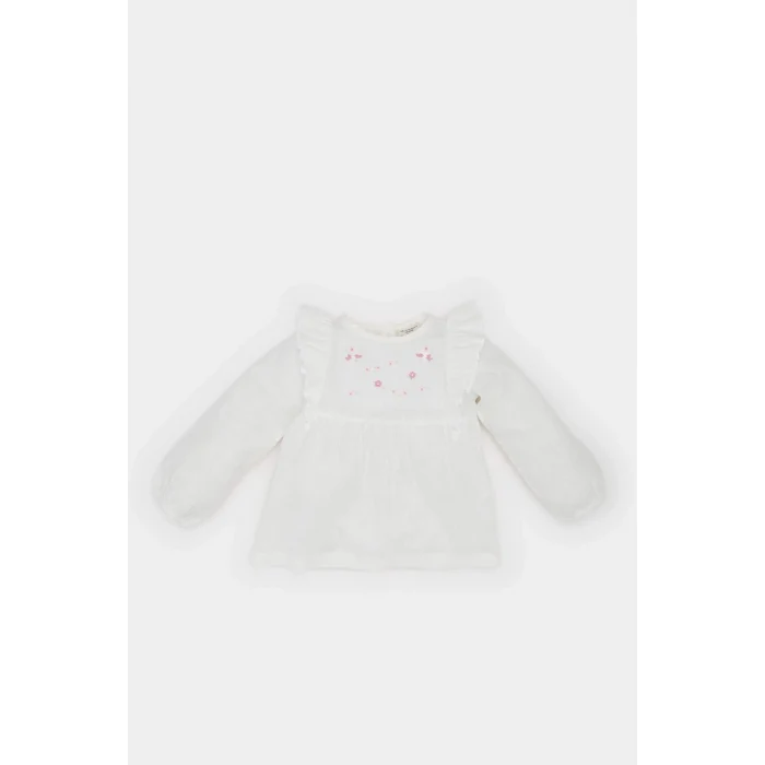 Defacto E2833 Beyaz Kız Bebek Bisiklet Yaka Floral Flamlı Poplin Uzun Kollu Gömlek