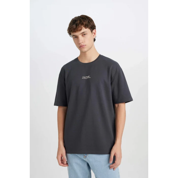 Defacto D5494 Antrasit Boxy Fit Bisiklet Yaka Baskılı Kısa Kollu Ağır Kumaş Tişört