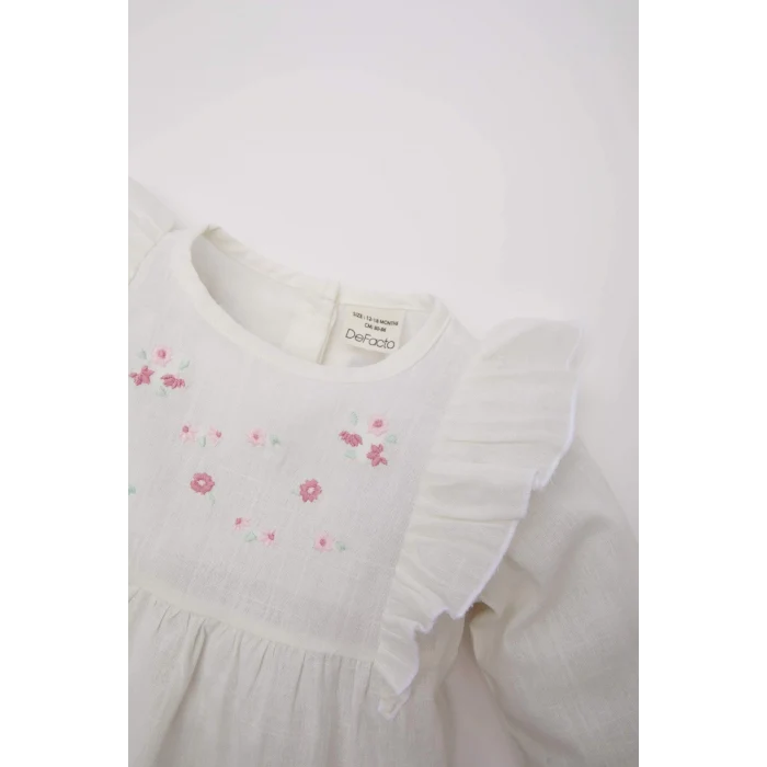 Defacto E2833 Beyaz Kız Bebek Bisiklet Yaka Floral Flamlı Poplin Uzun Kollu Gömlek