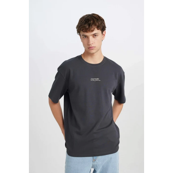 Defacto D5494 Antrasit Boxy Fit Bisiklet Yaka Baskılı Kısa Kollu Ağır Kumaş Tişört