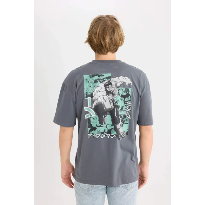 Defacto D6784 Antrasit Marvel Boxy Fit Bisiklet Yaka Sırt Baskılı Kısa Kollu Tişört