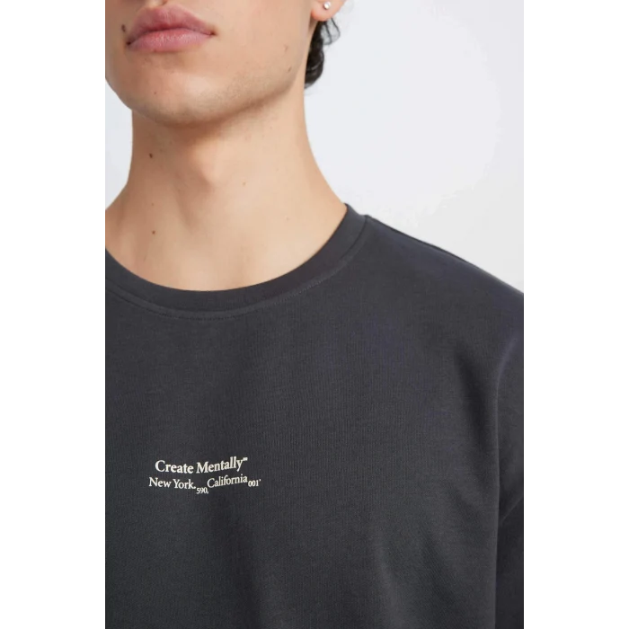 Defacto D5494 Antrasit Boxy Fit Bisiklet Yaka Baskılı Kısa Kollu Ağır Kumaş Tişört