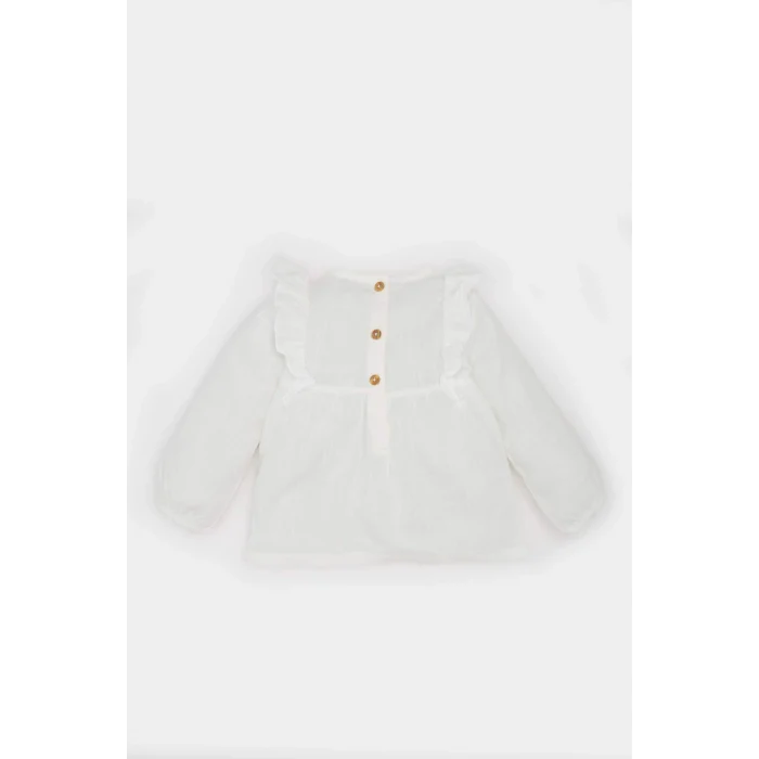 Defacto E2833 Beyaz Kız Bebek Bisiklet Yaka Floral Flamlı Poplin Uzun Kollu Gömlek