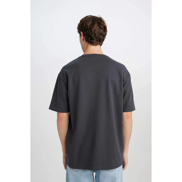 Defacto D5494 Antrasit Boxy Fit Bisiklet Yaka Baskılı Kısa Kollu Ağır Kumaş Tişört