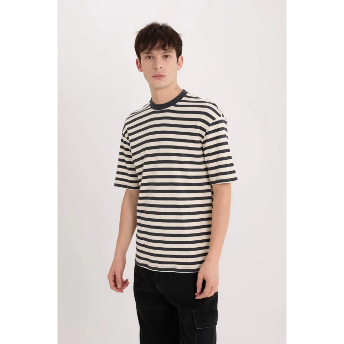 Defacto B5910 Antrasit Boxy Fit Bisiklet Yaka Çizgili Kısa Kollu Ağır Kumaş Tişört