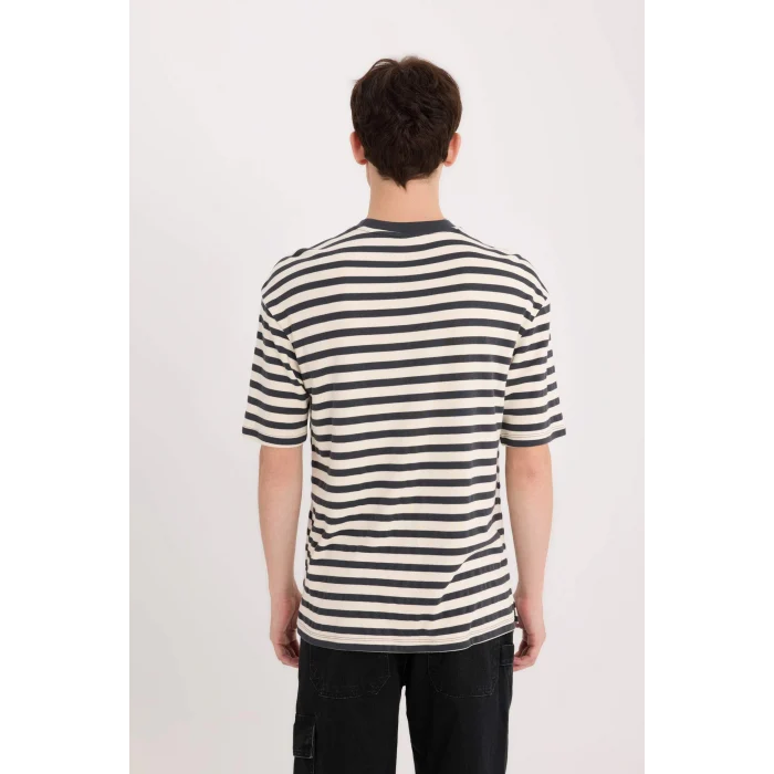 Defacto B5910 Antrasit Boxy Fit Bisiklet Yaka Çizgili Kısa Kollu Ağır Kumaş Tişört