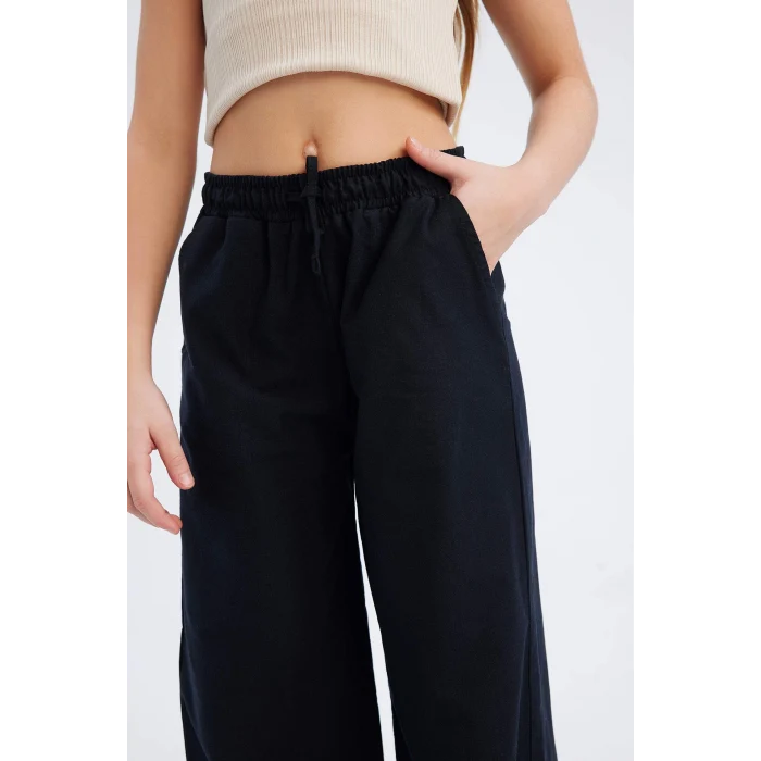 Defacto D7611 Siyah Kız Çocuk Beli Lastikli Wide Leg Geniş Bol Paça Pamuklu Pantolon